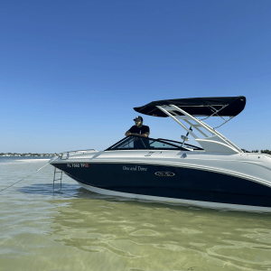 Person in a boat on calm water under a clear blue sky, with distant shoreline visible.