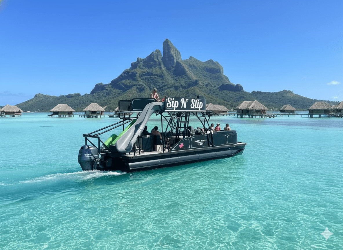 Boat with slide on turquoise water, mountains and overwater bungalows in background.
