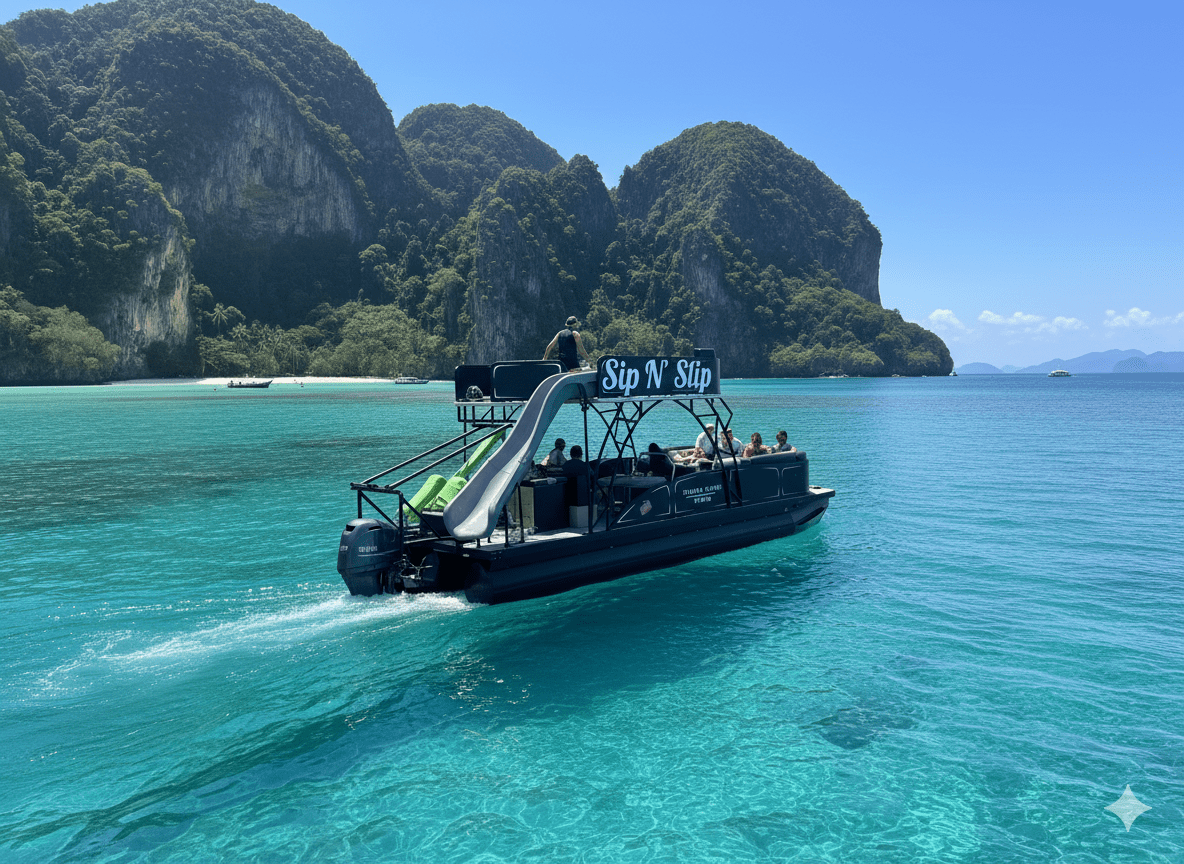 Boat with a slide on turquoise water, mountains in the background and 'Sip N' Slip' sign on top.