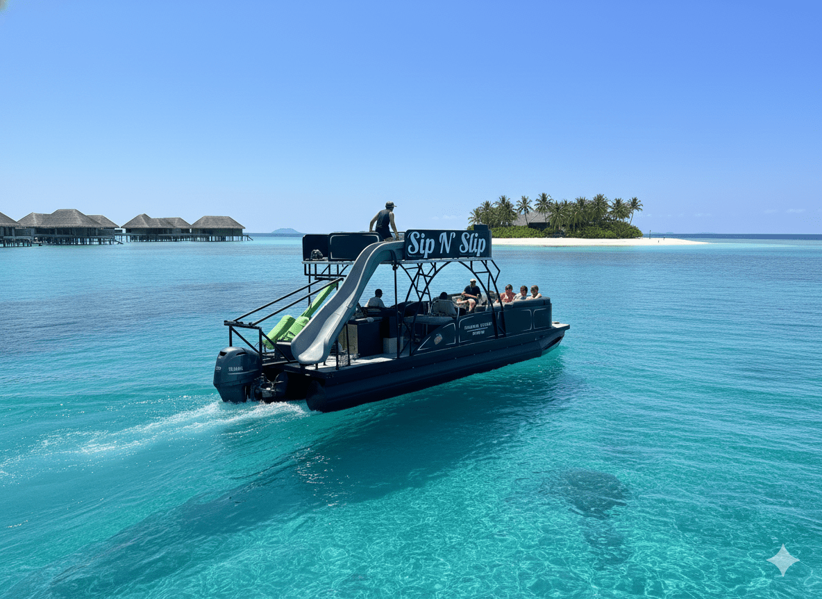 A boat with a slide on turquoise water near an island with palm trees and overwater bungalows.